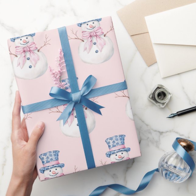 Grandmillennial Christmas Damask Snowman Geschenkpapier (Schenken)