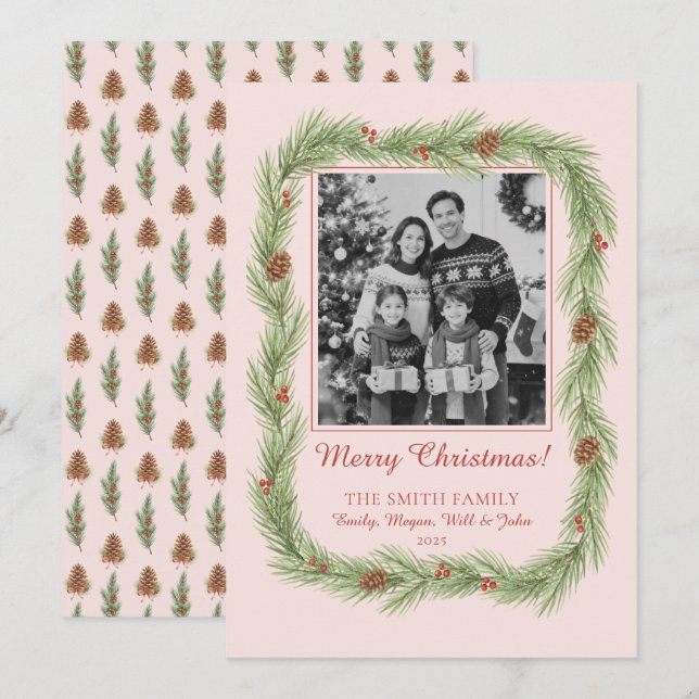 Grandmillennial Christmas Garland & Pinecone Photo Feiertagskarte (Vorne/Hinten)