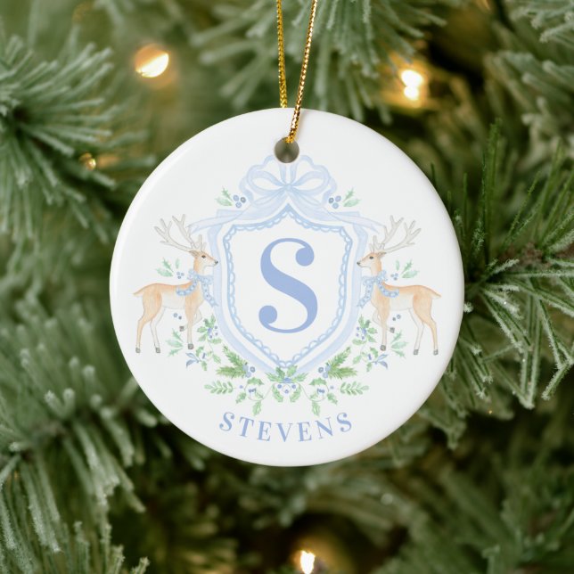 Grandmillennial Christmas Hirsch Wappen Monogram Keramik Ornament (Baum)