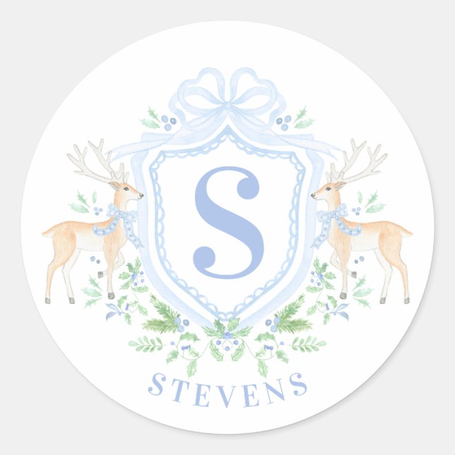 Grandmillennial Christmas Hirsch Wappen Monogram Runder Aufkleber (Vorderseite)