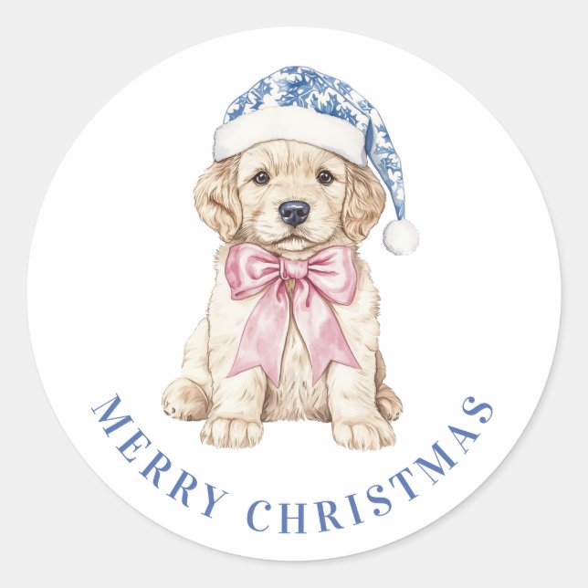 Grandmillennial Christmas Puppy Runder Aufkleber (Vorderseite)