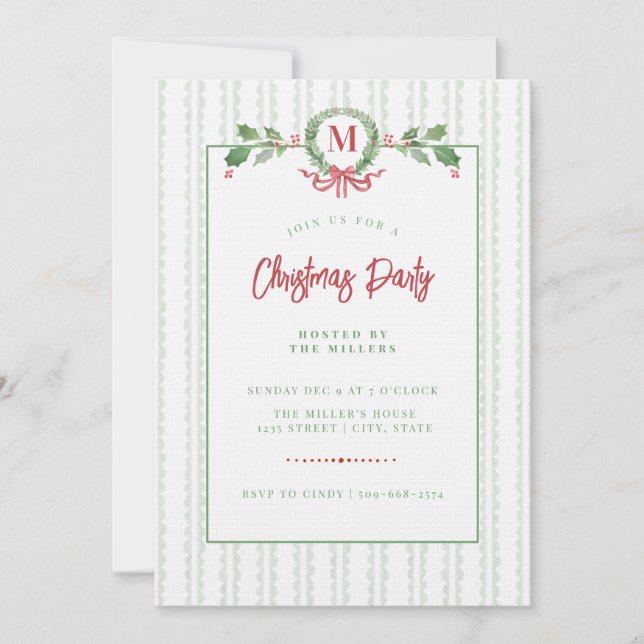 Grandmillennial Christmas Wreath Monogram Einladung (Vorderseite)