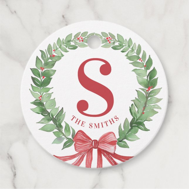 Grandmillennial Christmas Wreath Monogram Geschenkanhänger (Vorderseite)