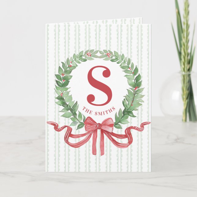 Grandmillennial Christmas Wreath Monogram Karte (Vorderseite)