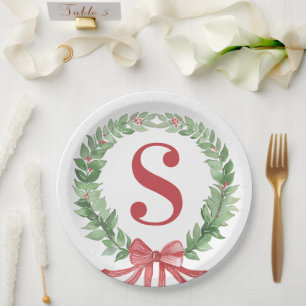 Grandmillennial Christmas Wreath Monogram Pappteller