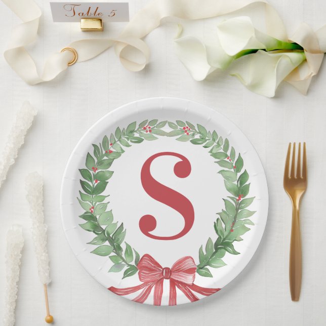 Grandmillennial Christmas Wreath Monogram Pappteller (Hochzeit)