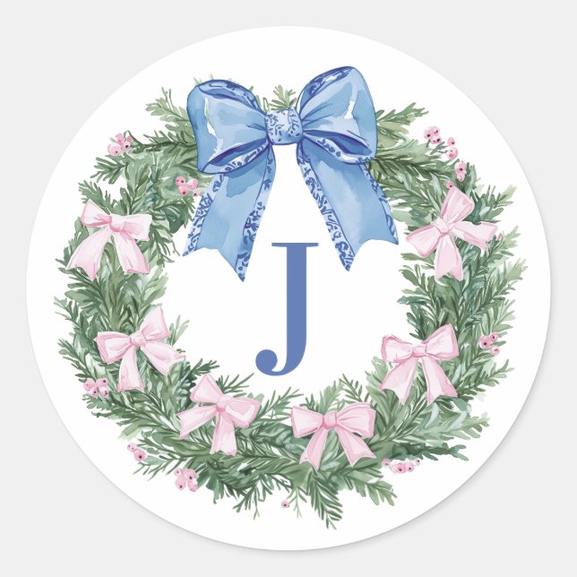 Grandmillennial Christmas Wreath Mpnogram Runder Aufkleber (Vorderseite)