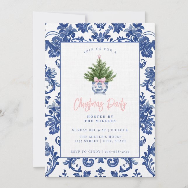 Grandmillennial Damask Weihnachtsbaum Einladung (Vorderseite)