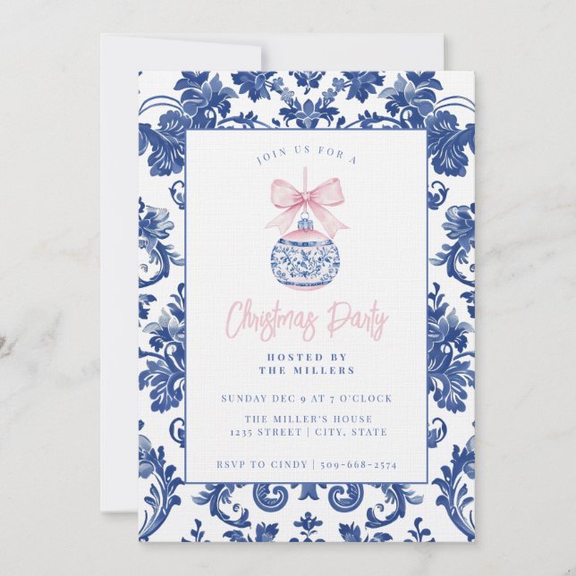 Grandmillennial Damask Weihnachtsschmuck mit Bow Einladung (Vorderseite)