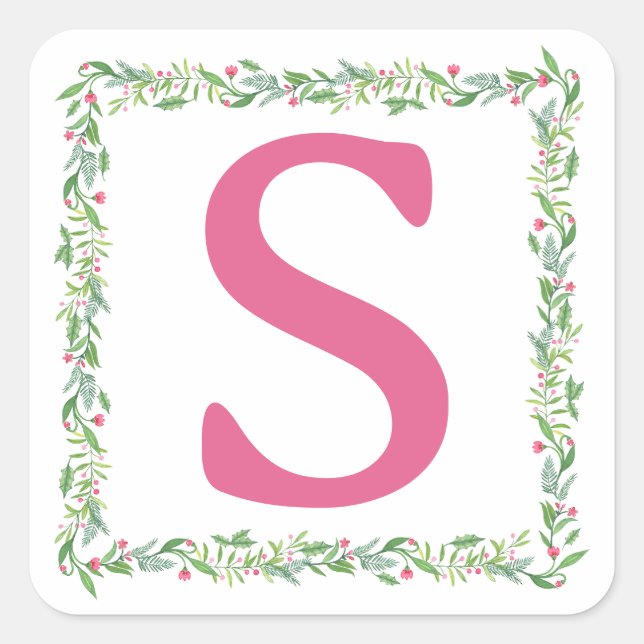 Grandmillennial Evergreen Swag | Monogramm Quadratischer Aufkleber (Vorderseite)