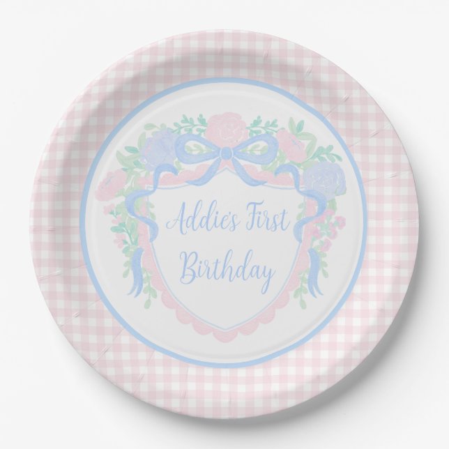 Grandmillennial Floral Gingham Preppy Birthday Pappteller (Vorderseite)