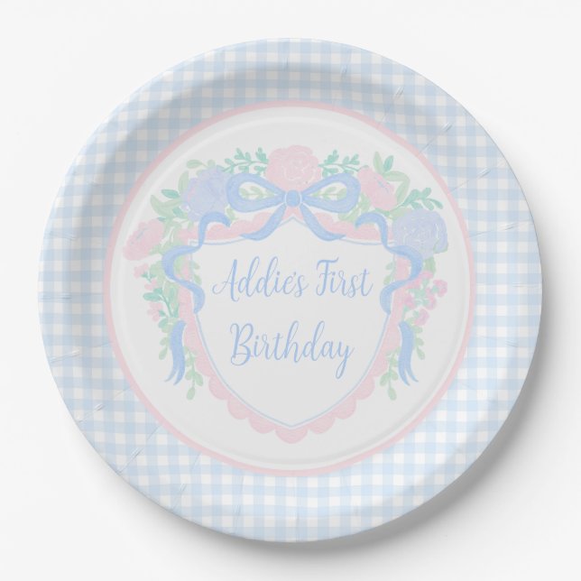 Grandmillennial Floral Gingham Preppy Paper Plate Pappteller (Vorderseite)