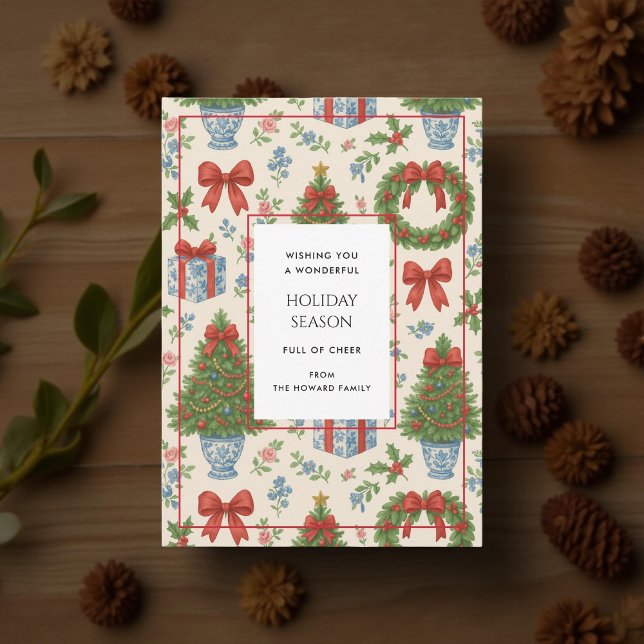 Grandmillennial Floral Pine Trees Bow Holiday Card (Von Creator hochgeladen)