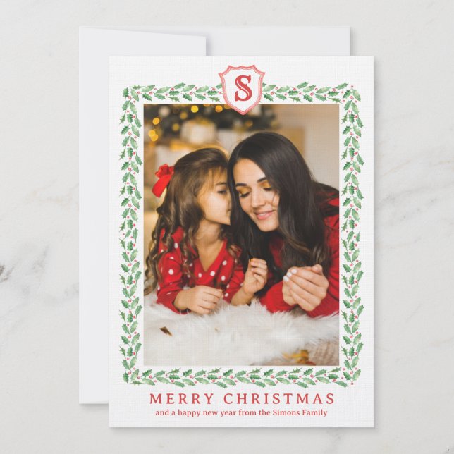 Grandmillennial Holly Monogram Carte de Noël (Devant)