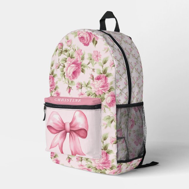 Grandmillennial Hütte Rose Pink Bow Backpack Bedruckter Rucksack (Rückseitige Ecke Rechts)