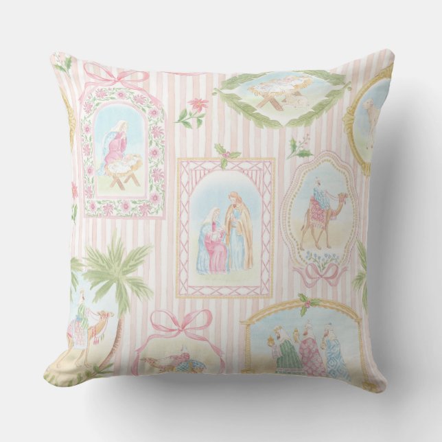 Grandmillennial Pastel Nativity Monogram Kissen (Vorderseite)