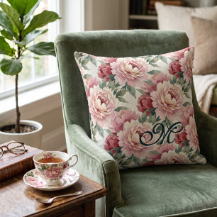 Grandmillennial Pfingstrosen Rosa Creme-Monogram Kissen