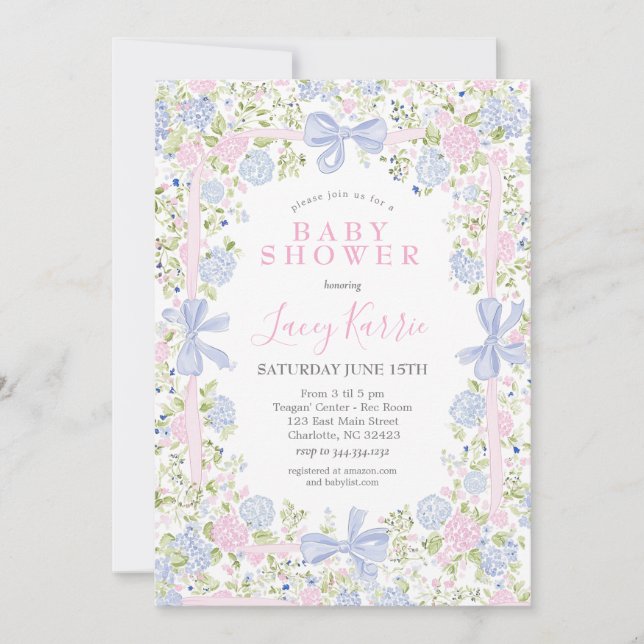 Grandmillennial Pink and Blue baby shower invite Einladung (Vorderseite)