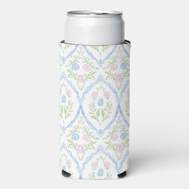 Grandmillennial Pink and Blue Floral Selters Dosenkühler (Seltzer Vorderseite)