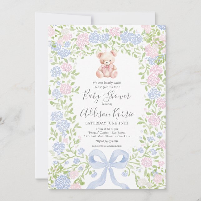Grandmillennial pink  Bear baby shower invite Einladung (Vorderseite)