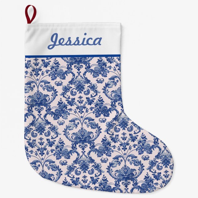 Grandmillennial Pink & Blue Damask Großer Weihnachtsstrumpf (Vorderseite)