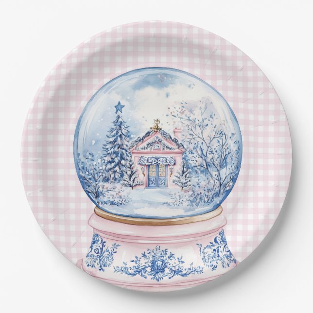 Grandmillennial Pink & Blue Damask Schneeglobe Pappteller (Vorderseite)