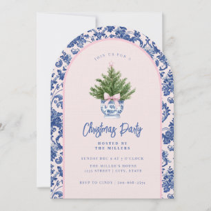 Grandmillennial Pink & Blue Damask Weihnachtsbaum Einladung