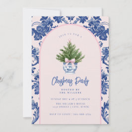 Grandmillennial Pink & Blue Damask Weihnachtsbaum Einladung