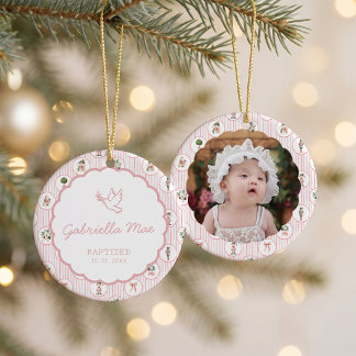 Grandmillennial Pink Christmas Baptism Photo Keramik Ornament
