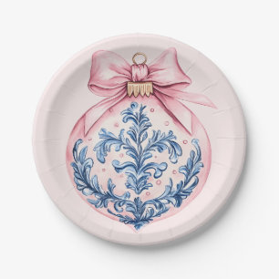 Grandmillennial Pink und Blue Damask Ornament Pappteller