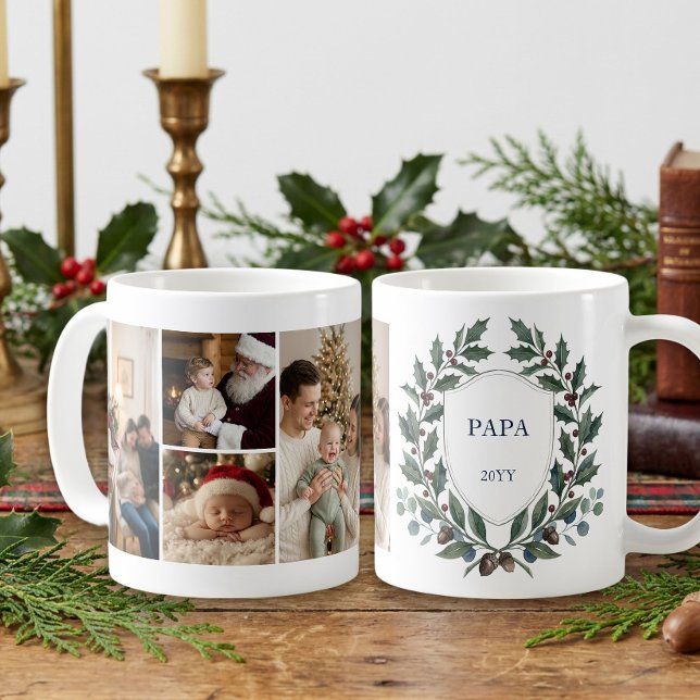 Grandmillennial-Stechpalmen-Wappen-Multi-Foto Kaffeetasse (Winter Crest Photo Mug - Old Money Heritage Christmas collection by Darling & May)