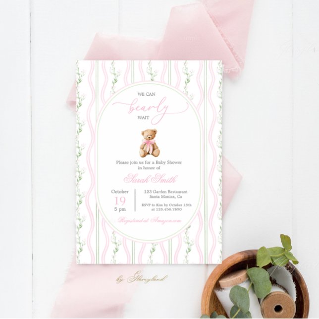 Grandmillennial Teddy Bear Baby Shower Girl Einladung (Von Creator hochgeladen)