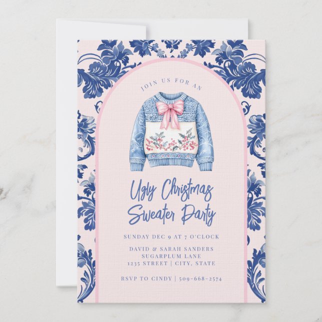 Grandmillennial Ugular Christmas Sweater Party Einladung (Vorderseite)