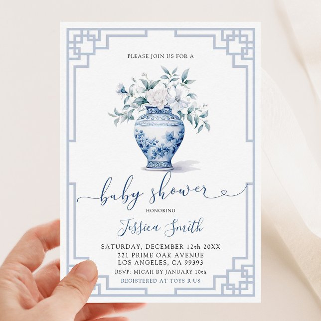 Grandmillennial White Floral Blue Ginger Baby Einladung (Von Creator hochgeladen)
