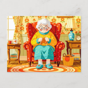 Grandmutter strickt im Sessel - Illustration Feiertagspostkarte