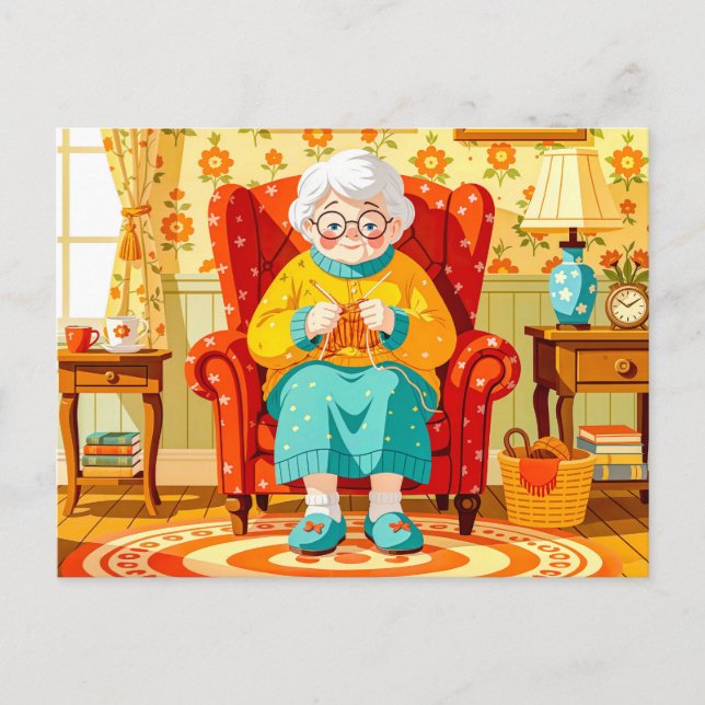 Grandmutter strickt im Sessel - Illustration Feiertagspostkarte (Vorderseite)