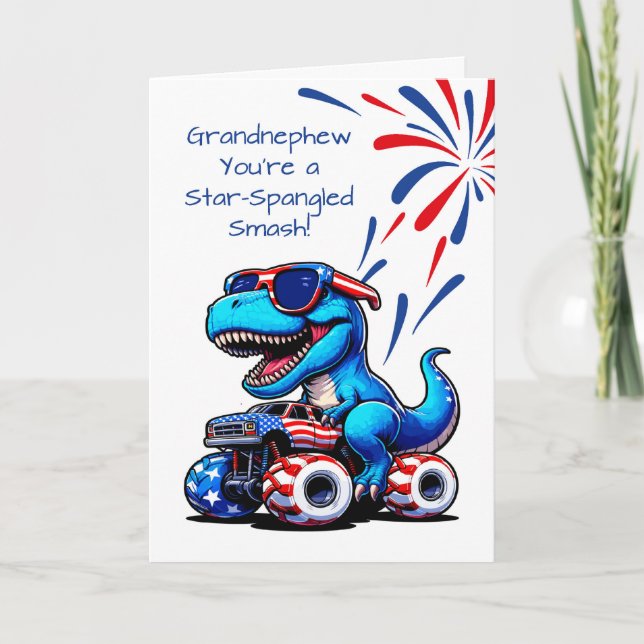 Grandnephew 4. Juli Dinosaur T-Rex Truck Karte (Vorderseite)