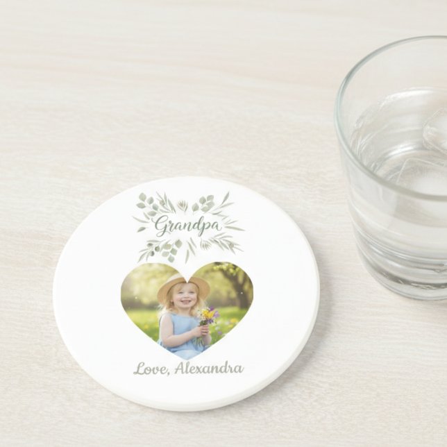 Grandpa Gift Coaster - Heart Photo & Eucalyptus Getränkeuntersetzer (Personalized photo grandpa drink coaster)