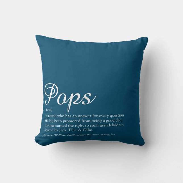 Grandpa, Grandfather, Papa Definition Script Blue Kissen (Vorderseite)