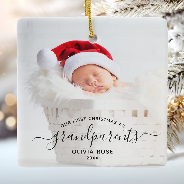 Grandparents First Christmas Photo Black Script Keramikornament (Von Creator hochgeladen)
