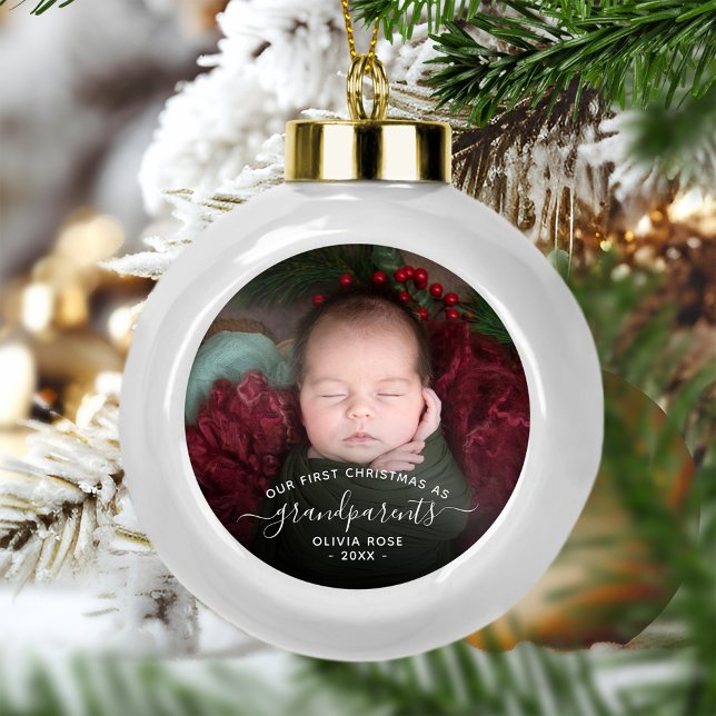 Grandparents First Christmas Photo White Script Keramik Kugel-Ornament (Von Creator hochgeladen)