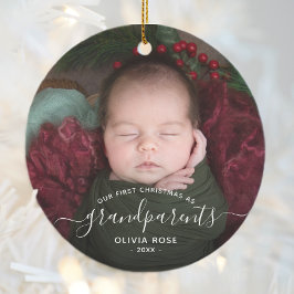 Grandparents First Christmas Photo White Script Keramik Ornament