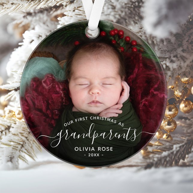 Grandparents First Christmas Photo White Script Ornament (Von Creator hochgeladen)