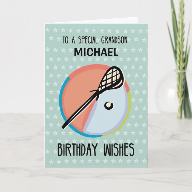 Grandson 14. Geburtstag Lacrosse Sport Personalize Karte (Vorderseite)