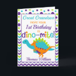 Grandson 1. Geburtstag Dinosaur Dino-Mite Karte<br><div class="desc">Ein fabelhafter bunter Polka-Punkt und eine Zickzack Geburtstagskarte für Ihren Grandson,  Great Grandson oder Great Nephew. Helles,  lila,  aquamarines,  grünes und orangefarbenes Design macht es zu einem auffälligen und lustigen Design. Die perfekte Art,  jemandem einen glücklichen Geburtstag zu wünschen.</div>