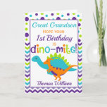 Grandson 1. Geburtstag Dinosaur Dino-Mite Karte<br><div class="desc">Ein fabelhafter bunter Polka-Punkt und eine Zickzack Geburtstagskarte für Ihren Grandson,  Great Grandson oder Great Nephew. Helles,  lila,  aquamarines,  grünes und orangefarbenes Design macht es zu einem auffälligen und lustigen Design. Die perfekte Art,  jemandem einen glücklichen Geburtstag zu wünschen.</div>