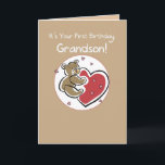 Grandson 1. Geburtstagsbär Karte<br><div class="desc">Dieser niedliche Teddy schickt am 1. Geburtstag einen großen Bärenumarmen an deinen Enkel! Der braune Bär hält an einem roten Herz fest.</div>