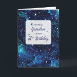 Grandson 21. Geburtstagssterne in Galaxy Sky Karte<br><div class="desc">Die Vorderseite der Karte feiert stolz diesen Meilenstein Geburtstag mit einer mutigen und aufregenden Botschaft, die die kosmische Bildsprache mit einem Gefühl der Aufregung für die Zukunft vermischt. Die reichen, lebendigen Farben der Galaxie bilden einen atemberaubenden Hintergrund, der die Ehrfurcht und das Wunder dieses bedeutenden Zeitalters einnimmt. Die Kombination aus...</div>