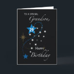 Grandson 29. Geburtstag Star Inspiration Schwarz Karte<br><div class="desc">Die Nummer 29 befindet sich im großen blauen Stern,  während weiße Sterne auf dem Cover dieser Karte verstreut sind. Dieses hier ist speziell für Ihren Enkel zugeschnitten,  um an seinem 29. Geburtstag zu schenken.</div>
