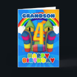 Grandson 4. Geburtstagskarte mit Burg Bouncy und Karte<br><div class="desc">Sunny happy 4th birthday card with bouncy castle</div>